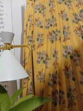 Yellow Floral Pleated Skirt